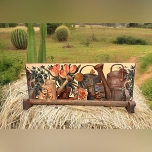 Vintage Handmade Wooden Rustic Towel Rack 23" Flower Tulip Ivy Seed Poppy Print